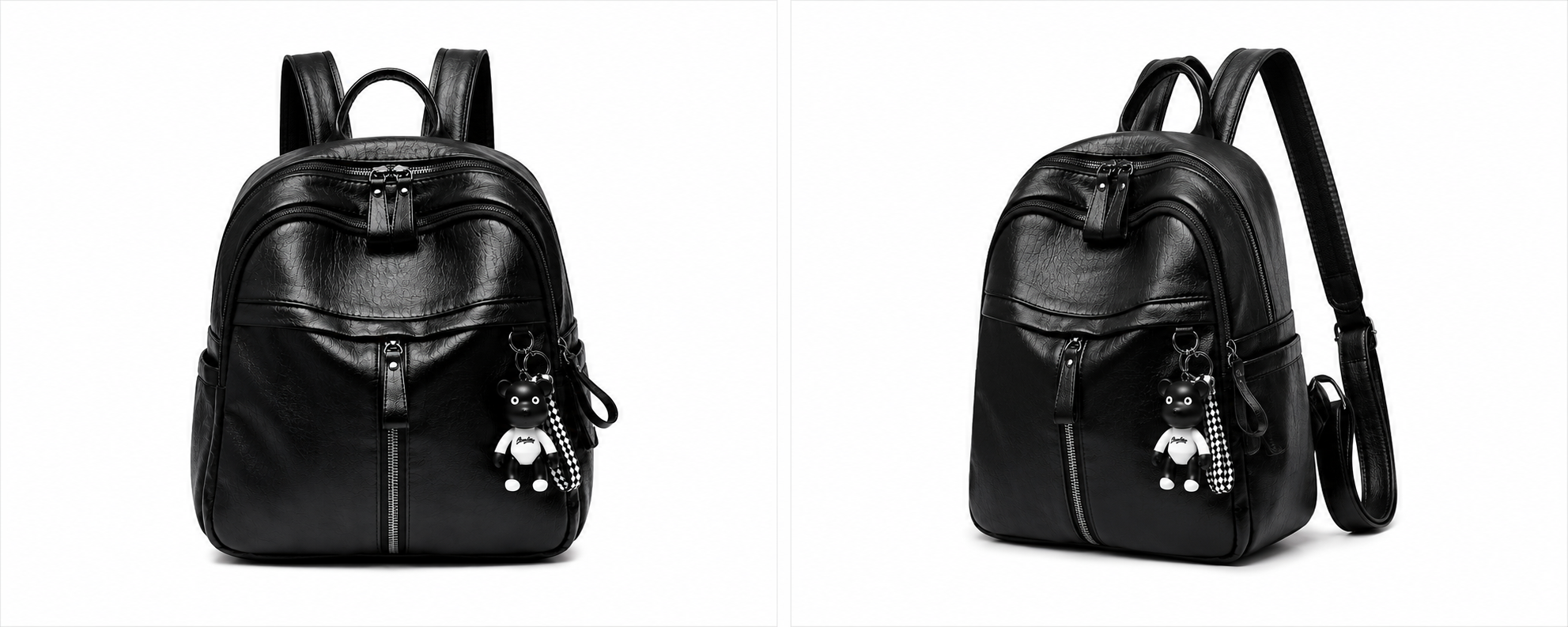 Chic Leather Backpack for Women – Stylish Daypack with Multiple Pockets & Bear Keychain - Imagen 2