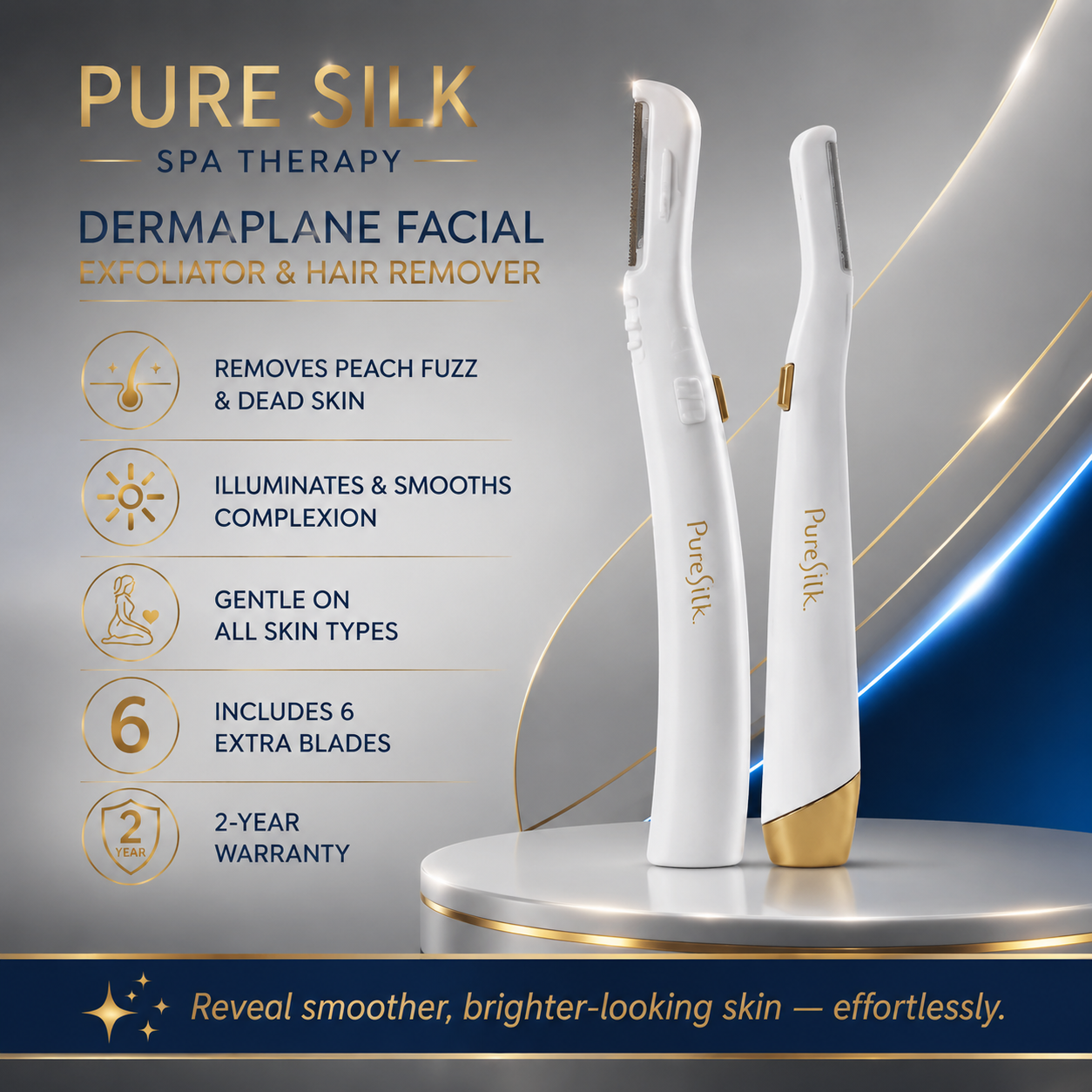 Pure Silk Dermaplane Facial Exfoliator Hair Remover with LED Light - Imagen 2