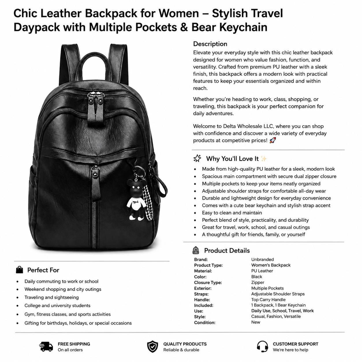 Chic Leather Backpack for Women – Stylish Daypack with Multiple Pockets & Bear Keychain - Imagen 3