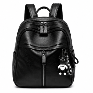 Chic Leather Backpack for Women – Stylish Daypack with Multiple Pockets & Bear Keychain