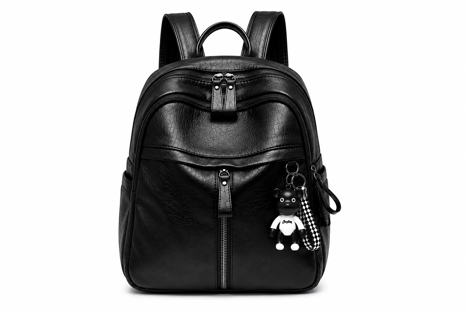 Chic Leather Backpack for Women – Stylish Daypack with Multiple Pockets & Bear Keychain