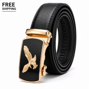 Men Eagle Buckle Belt Automatic Ratchet PU Leather Adjustable Black