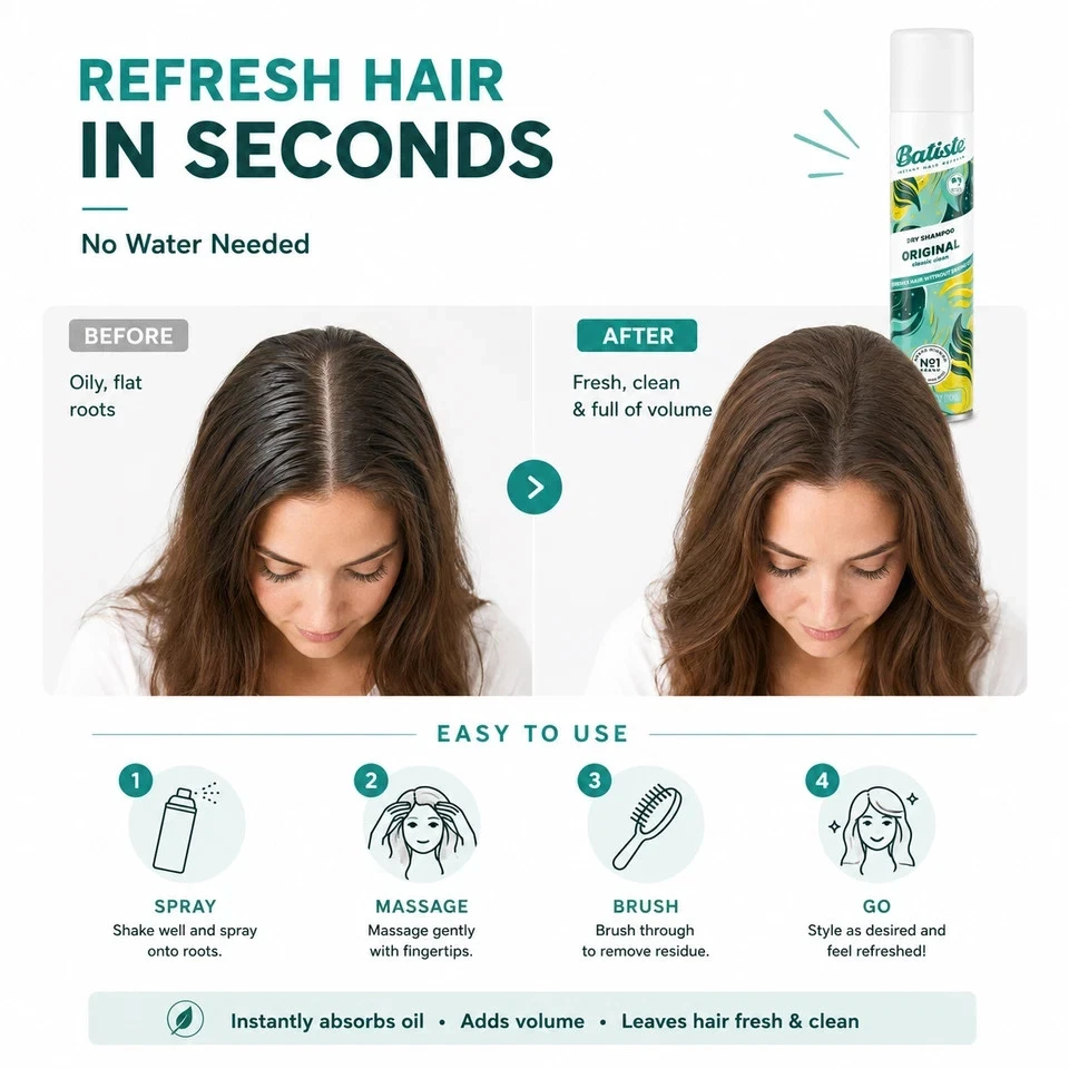 Batiste Original Dry Shampoo 2 Pack 3.81 oz Oil Absorbing Formula - Imagen 3